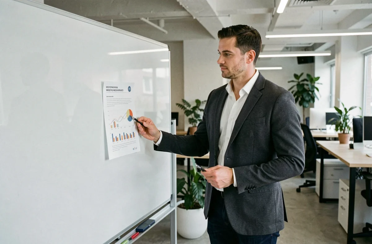 Consultant digital présentant un rapport de performance web à destination d'une TPE locale dans un espace de coworking moderne