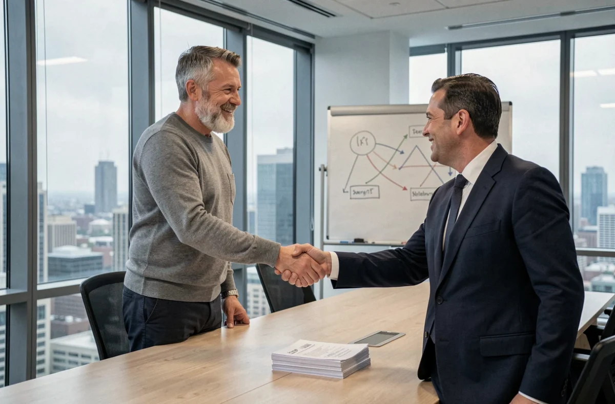 Consultant freelance signant un accord avec une société de portage salarial dans une salle de réunion professionnelle