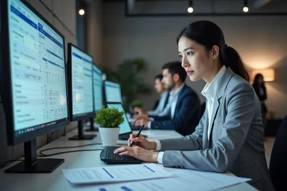 Consultante ERP analysant les paramètres d'un audit PGI GTA sur plusieurs écrans dans un bureau moderne