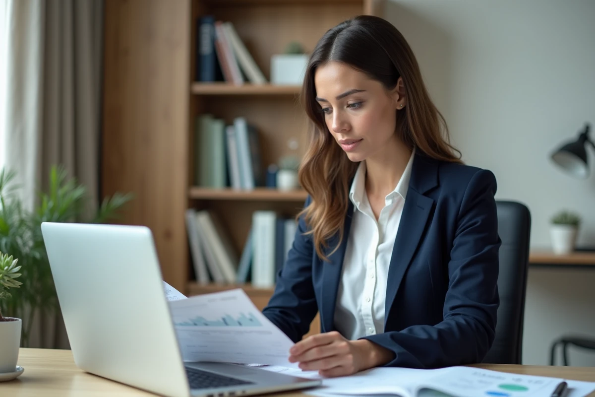 Femme consultante indépendante analysant des documents dans un bureau à domicile moderne, illustration du métier de consultant Chogan en 2026