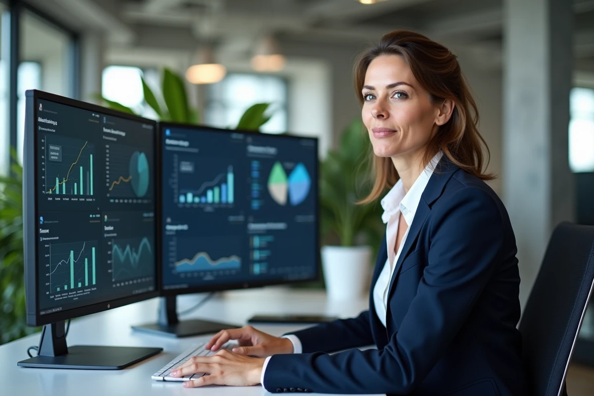 Consultante data assise à un poste de travail moderne avec des écrans affichant des tableaux de bord analytiques dans un bureau tech contemporain