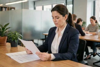 Consultante en portage salarial analysant des avis clients dans un espace de coworking moderne