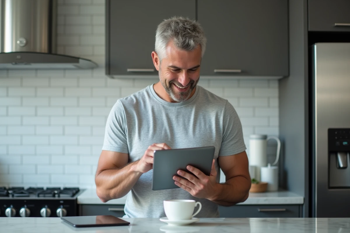 Homme consultant ses avantages adhérent advango sur une tablette dans une cuisine moderne