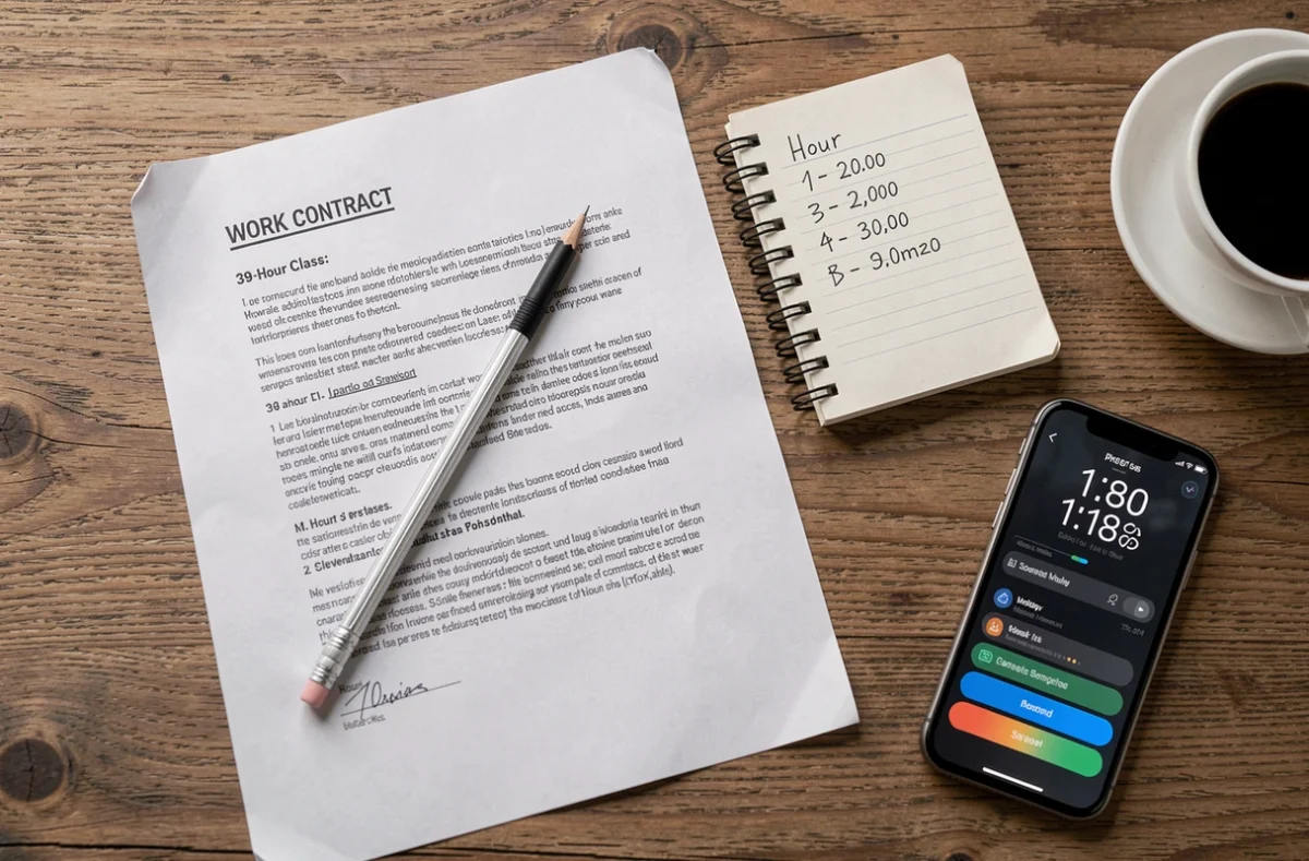 Vue aérienne d'un bureau avec contrat de travail 39h, calculs d'heures supplémentaires manuscrits et application de suivi du temps