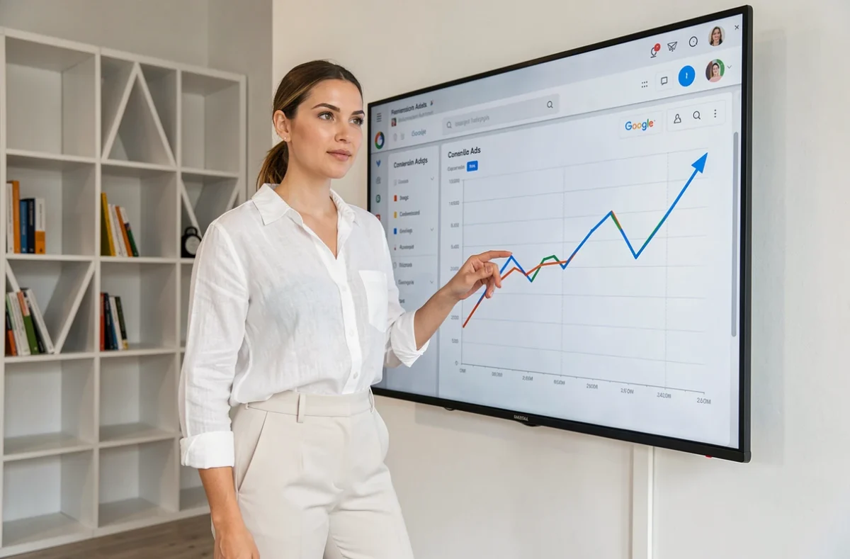 Spécialiste en conversion de l'agence Convertix présentant un tableau de bord Google Ads avec des tendances positives à Toulouse