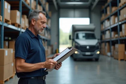 Coordinateur logistique vérifiant un bon de livraison sur un quai de chargement d'entrepôt pour éviter les litiges transporteur