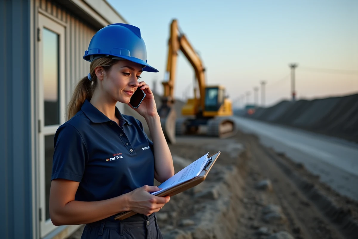 Coordinatrice de projet BTP gérant un chantier complexe depuis un bureau de chantier mobile