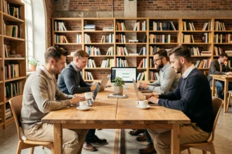 Professionnels travaillant ensemble dans un espace de coworking moderne à Colmar avec mobilier en bois et murs en briques apparentes