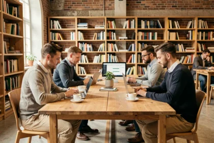 Professionnels travaillant ensemble dans un espace de coworking moderne à Colmar avec mobilier en bois et murs en briques apparentes