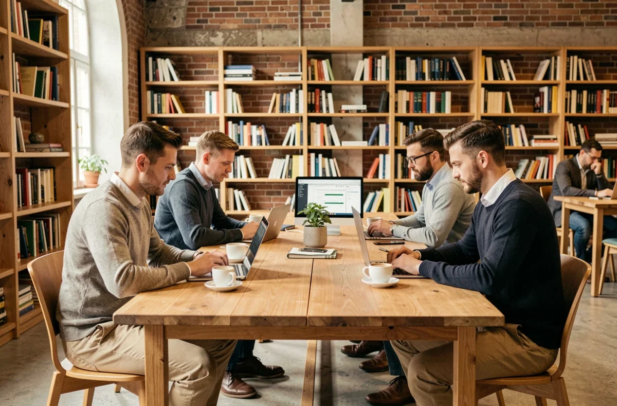 Professionnels travaillant ensemble dans un espace de coworking moderne à Colmar avec mobilier en bois et murs en briques apparentes