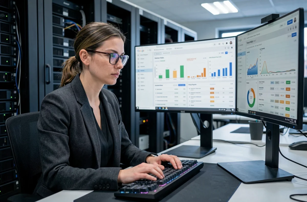 Analyste data de l'agence DATASOLUTION explorant des tableaux de bord complexes Google Ads dans un bureau technologique à Toulouse