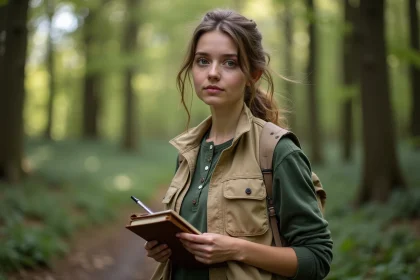 Jeune femme naturaliste débutante prenant des notes dans un carnet de terrain en bordure de forêt tempérée, première expérience professionnelle en milieu naturel