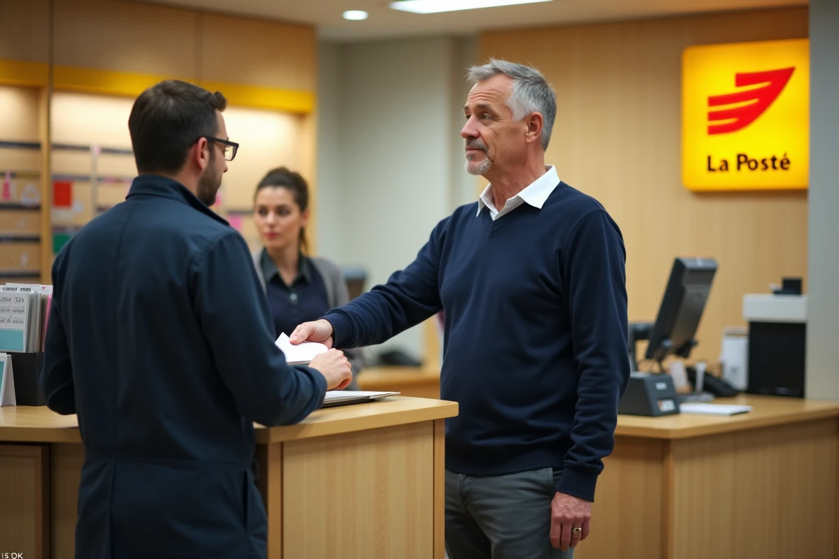 Homme déposant une lettre recommandée avec accusé de réception au guichet de La Poste