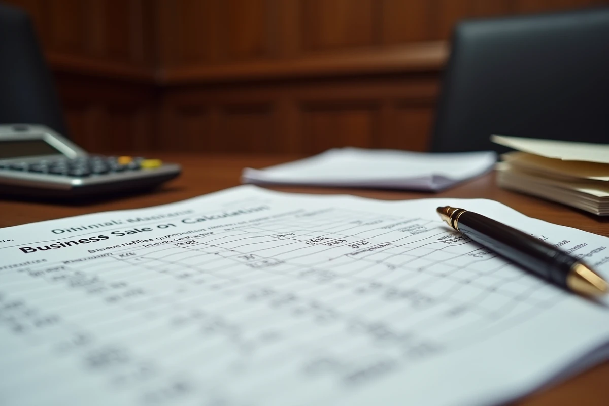 Détail d'un bureau de notaire avec feuille de calcul de plus-value et droits d'enregistrement pour cession de commerce