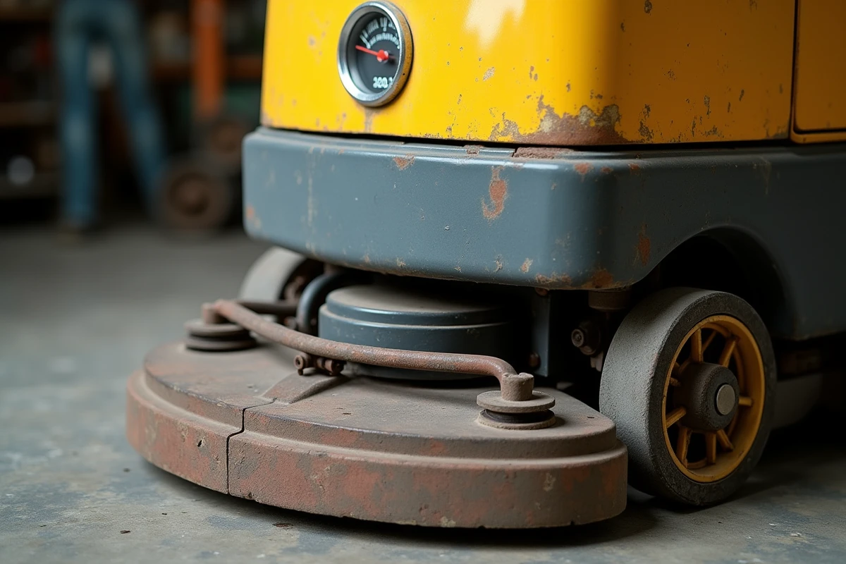 Détail des composants usés d'une autolaveuse Speed Scrub Rider d'occasion avec compteur d'heures élevé