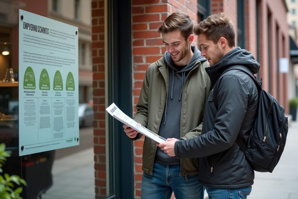Deux hommes regardent une affiche environnementale en ville