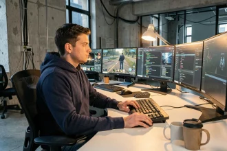 Développeur de jeux vidéo travaillant sur des interfaces futuristes dans un studio moderne, évoquant l'avenir de 343 Industries dans l'écosystème Xbox