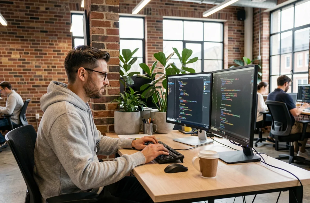 Développeur freelance travaillant dans un espace de coworking sur des projets tech pour Amazon, entouré d'écrans de code
