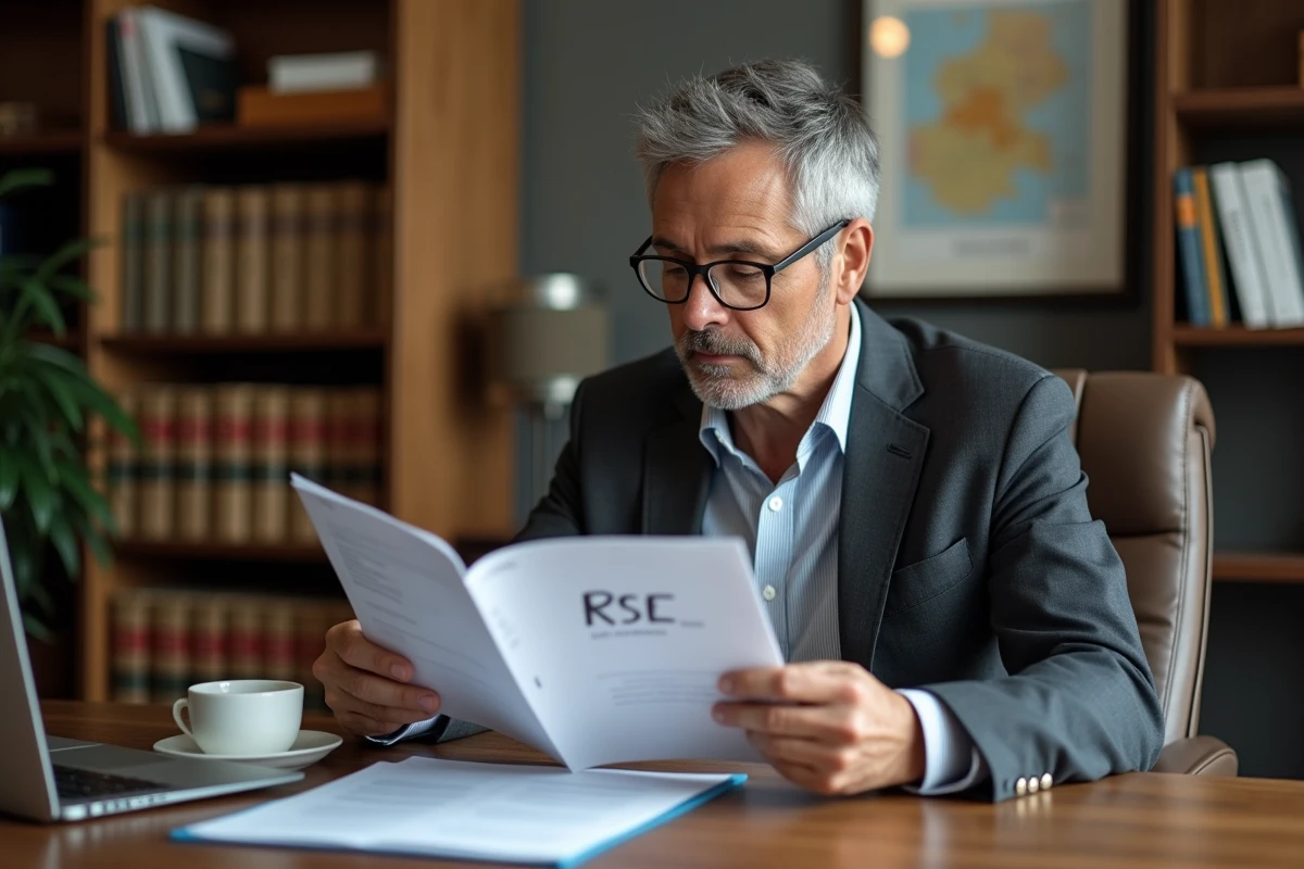Dirigeant de PME lisant attentivement un rapport RSE dans son bureau privé régional