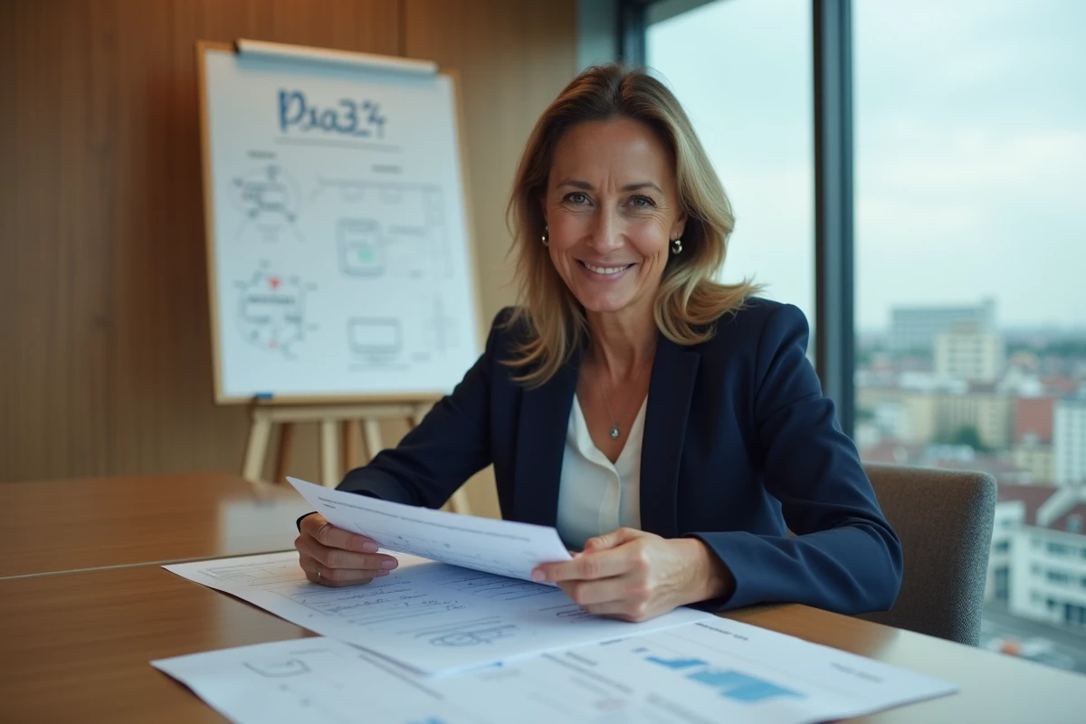 Dirigeante de PME régionale analysant un document RSE en salle de réunion avec vue sur la ville