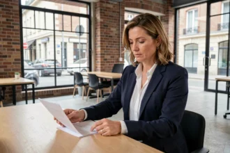 Femme professionnelle consultant des documents de domiciliation dans un centre d'affaires moderne à Roubaix