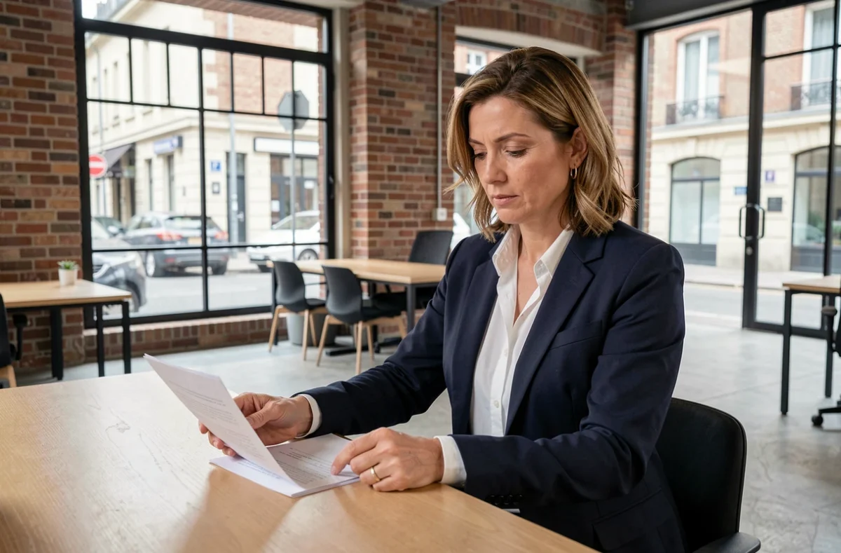 Femme professionnelle consultant des documents de domiciliation dans un centre d'affaires moderne à Roubaix