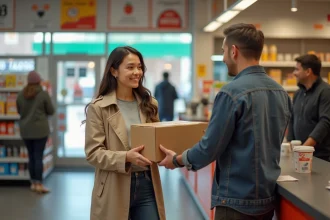 Femme souriante échange un colis avec un employé en boutique