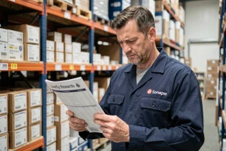 Électricien professionnel consultant un catalogue de fidélité Sonepar Select dans un entrepôt de fournitures électriques
