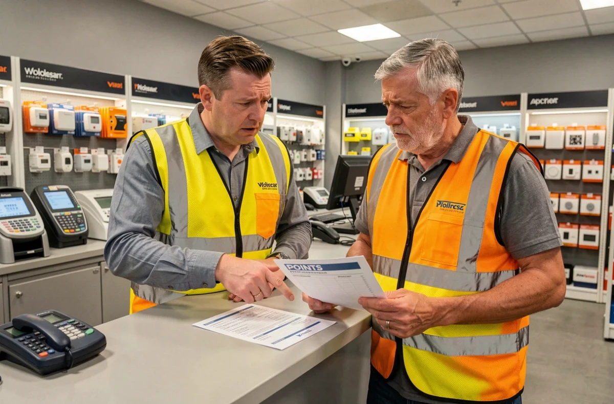 Deux électriciens en gilets haute visibilité discutant d'un relevé de points de fidélité au comptoir d'un négoce électrique