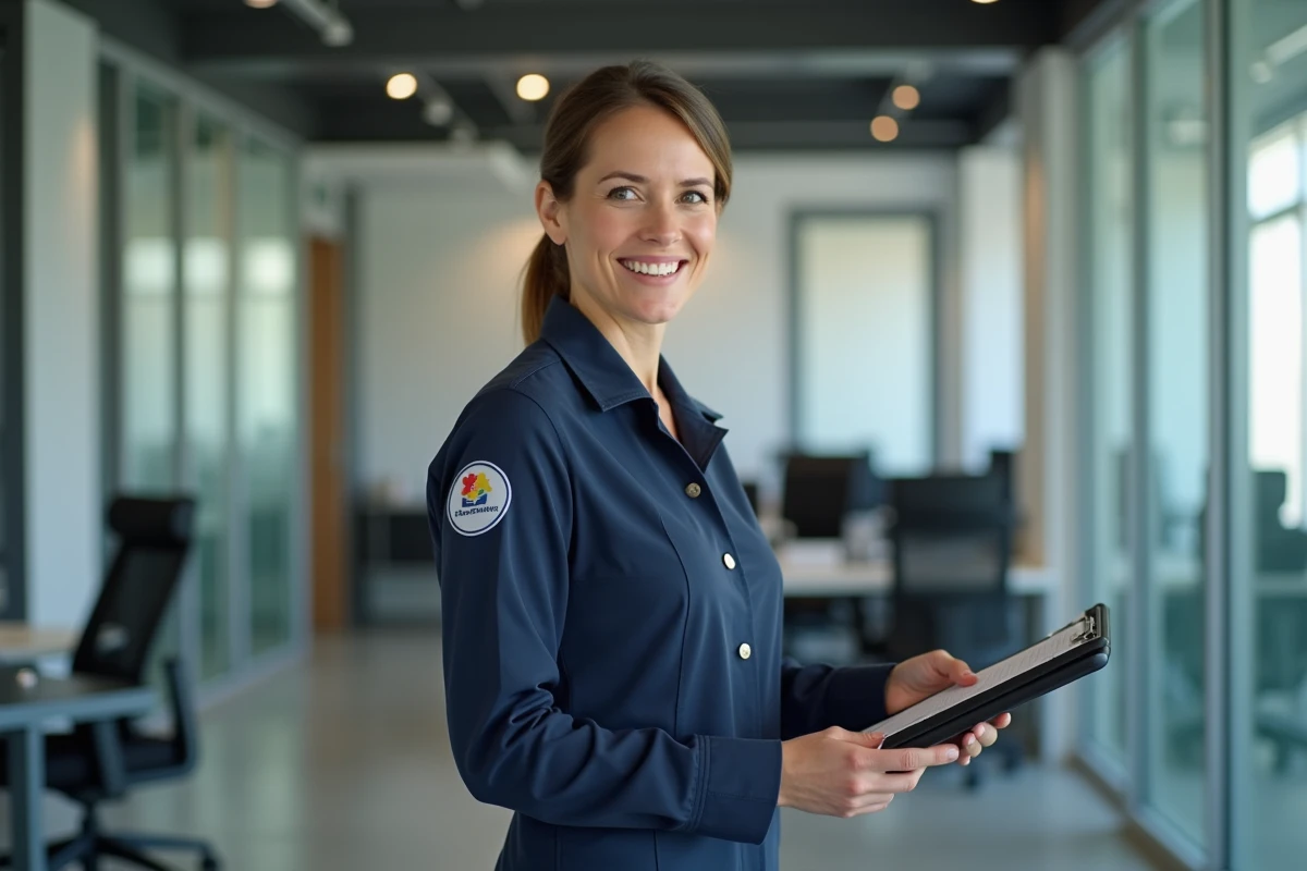 Employée d'une entreprise de nettoyage professionnelle tenant un presse-papiers dans un bureau moderne, illustrant la sélection d'une entreprise de nettoyage pro