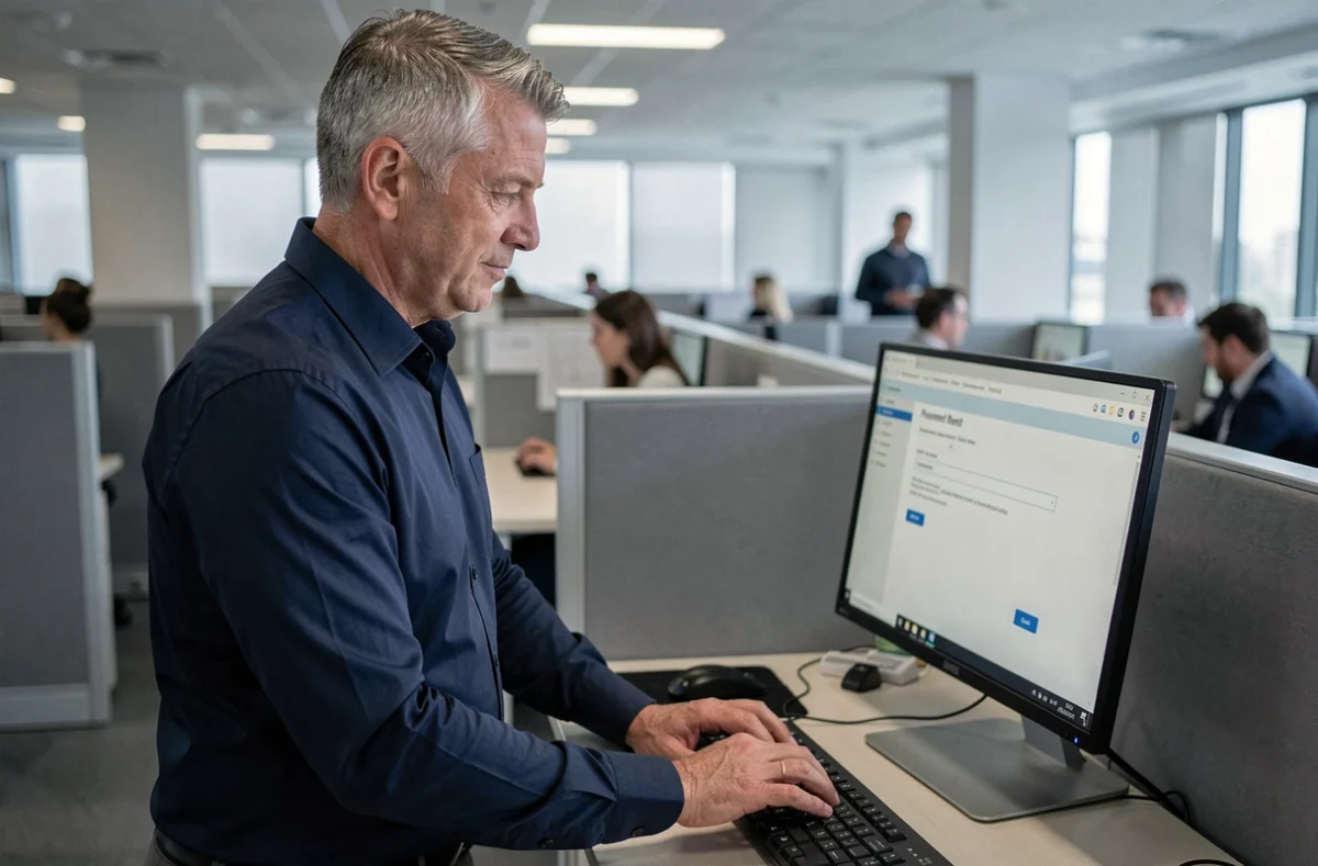 Employé de bureau consultant un formulaire de réinitialisation de mot de passe sur son ordinateur de bureau