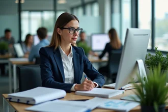 Employée des ressources humaines travaillant sur un logiciel RH dans un bureau moderne avec des dossiers administratifs
