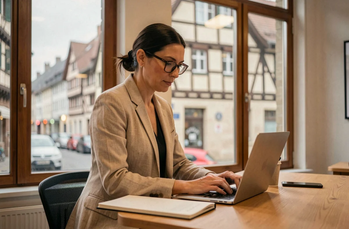 Femme entrepreneur travaillant debout dans un bureau de coworking à Colmar avec vue sur l'architecture alsacienne typique