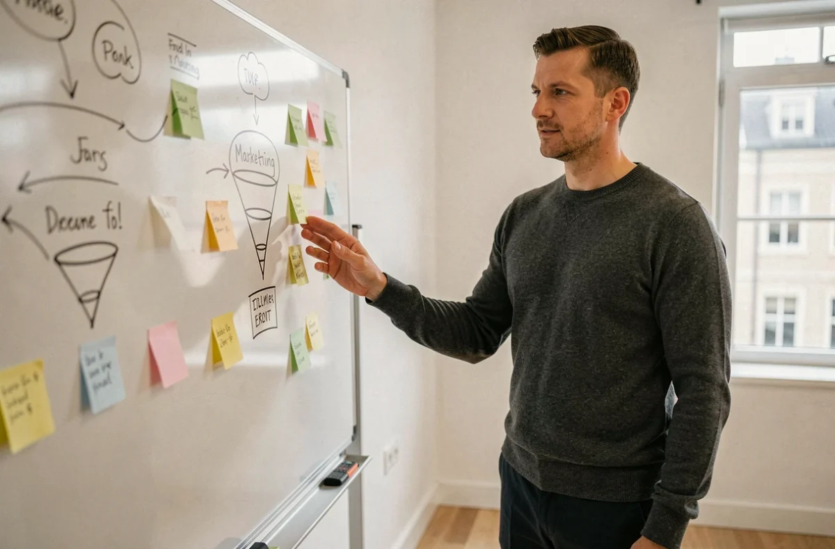 Entrepreneur présentant une stratégie de marketing Loxia Socia sur un tableau blanc dans une salle de réunion minimaliste
