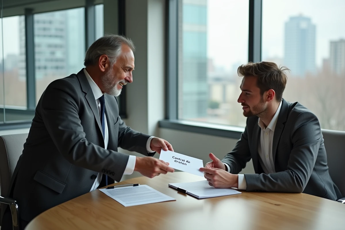 Manager remettant un contrat de travail à un employé en réunion