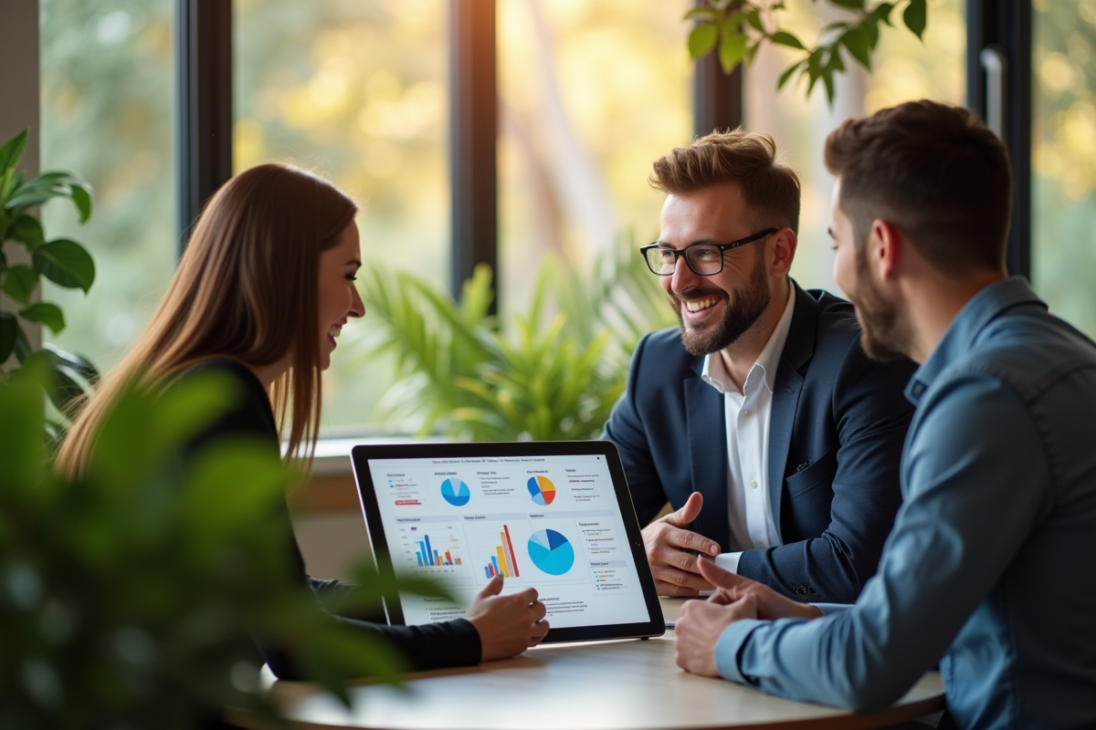 Manager donnant un feedback à un employé dans un bureau moderne
