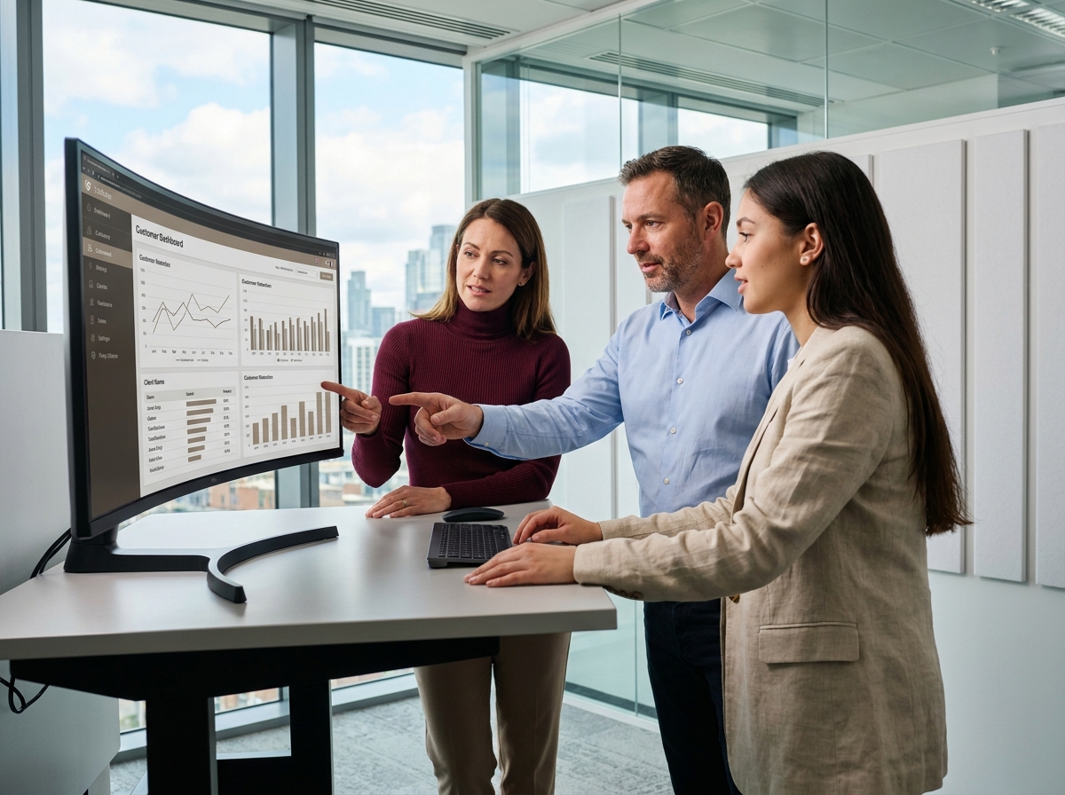 Une équipe de professionnels analyse un tableau de bord de fidélisation clients sur un écran dans un bureau moderne, représentant la stratégie collective pour retenir les clients face à la concurrence