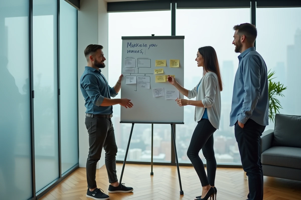 Équipe marketing collaborant autour d'un tableau blanc avec des diagrammes de stratégie et des notes de campagne