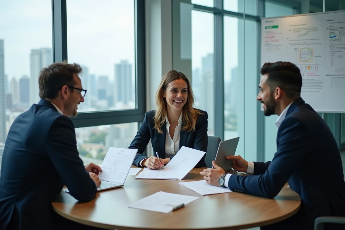 Équipe de consultants cloud en réunion collaborative autour d'une table avec des feuilles de route de migration et des ordinateurs portables dans une salle vitrée moderne