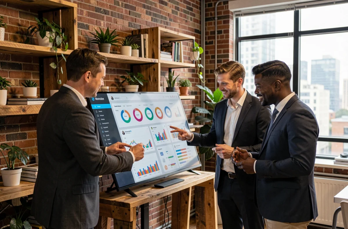 Équipe d'entreprise examinant des analytics de marketing digital sur un écran interactif dans un espace de coworking