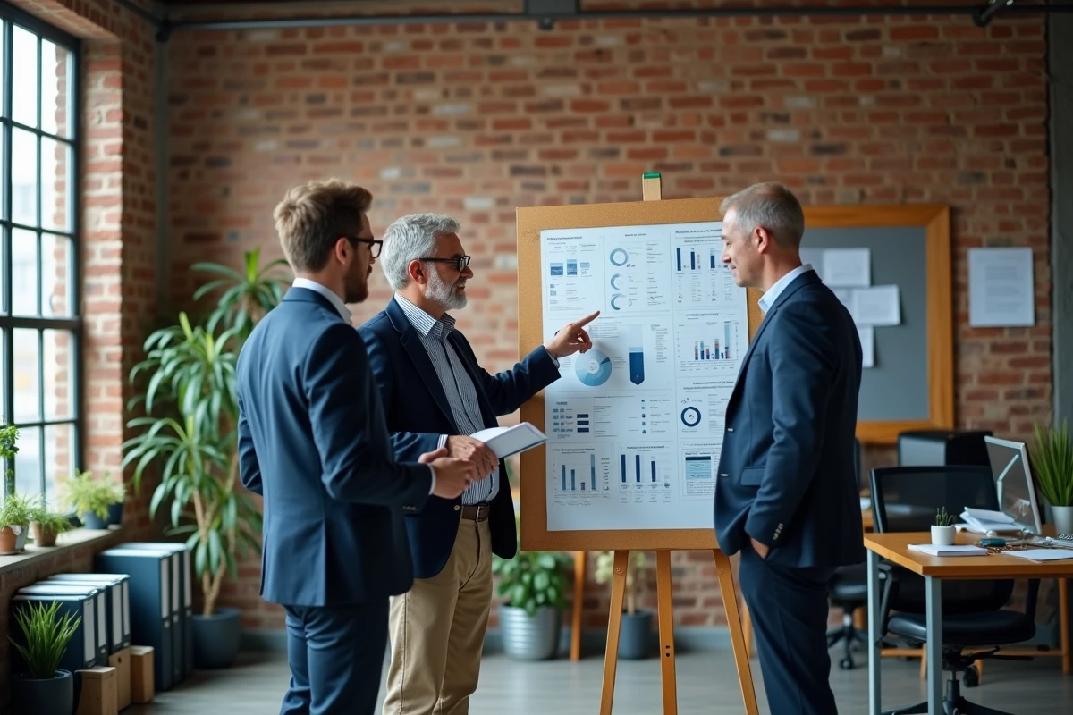 Équipe de dirigeants de PME discutant des obligations RSE CEAPC autour d'une infographie en open space
