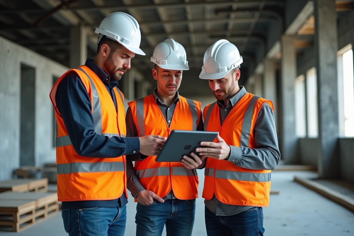 Équipe de professionnels BTP consultant un tableau de bord numérique sur chantier industriel