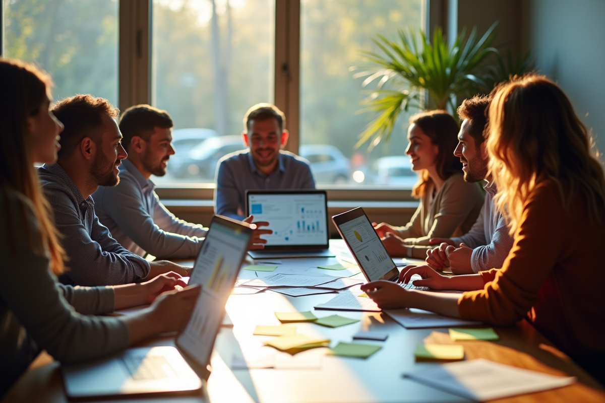 Équipe diverse en réunion avec tableaux et écrans CRM lumineux