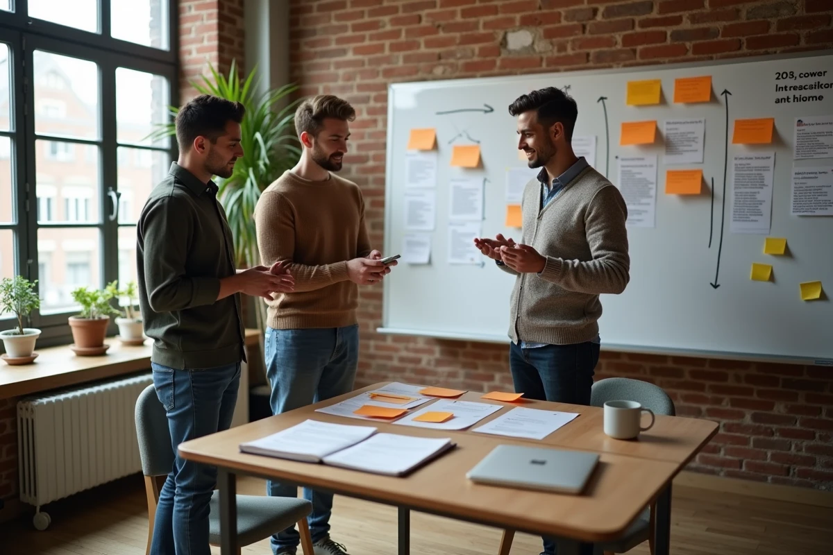 Équipe professionnelle en réunion collaborant sur une stratégie de relation client avec des cartes de parcours client au tableau