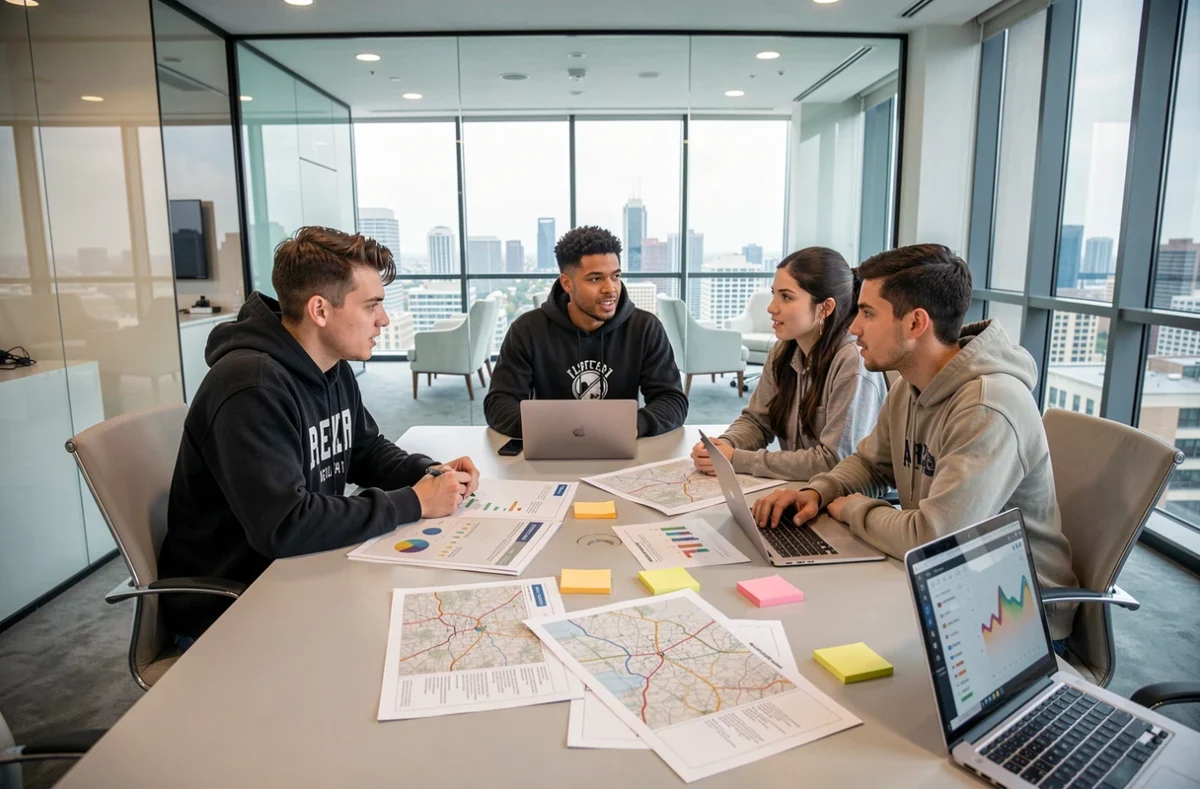 Équipe de professionnels discutant de la stratégie future d'un studio de jeux vidéo autour d'une table de réunion avec des documents de feuille de route