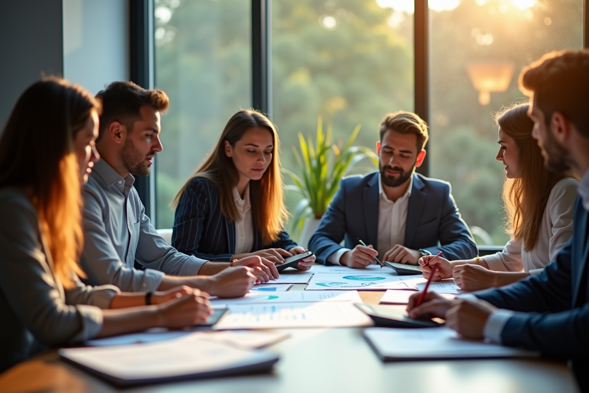 Groupe de comptables collaborant autour d une table ensoleillée