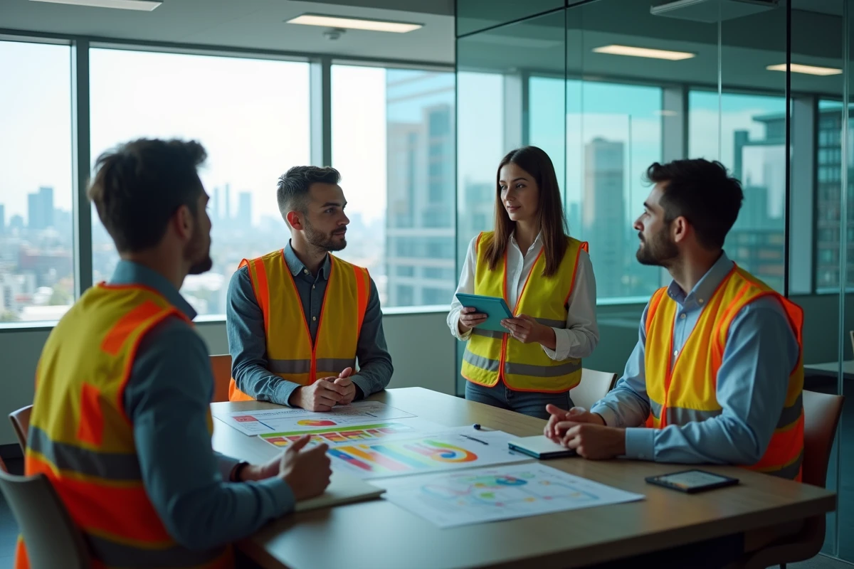 Équipe de professionnels discutant autour d un tableau digital