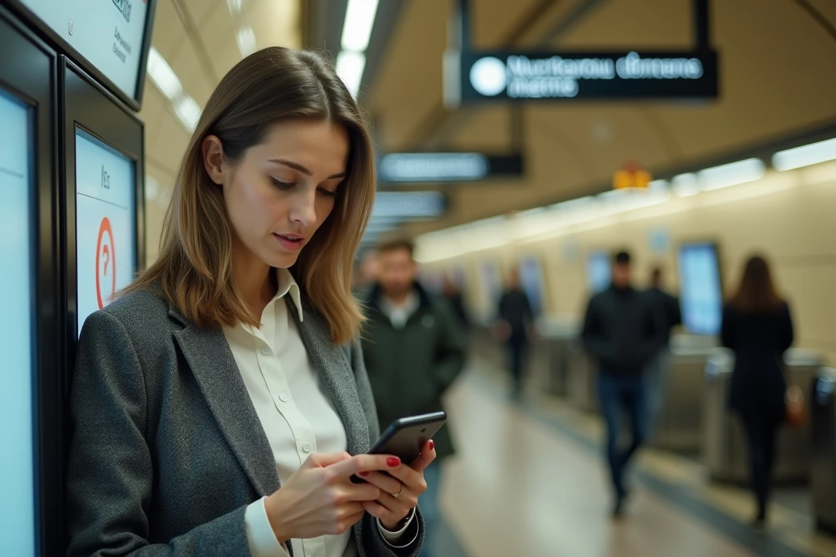 Femme consultant son téléphone avec un message d'erreur de connexion à l'application RATP Urban Group dans une station de métro parisienne
