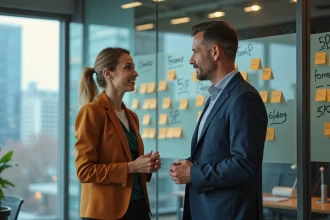 Homme et femme en tenue professionnelle discutant devant un mur de notes