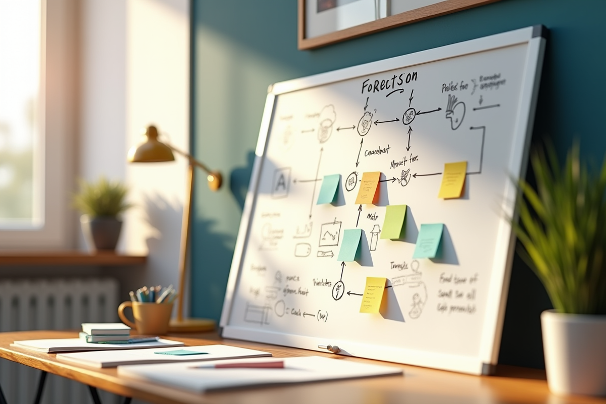 Espace de travail organisé avec tableau de gestion de projet